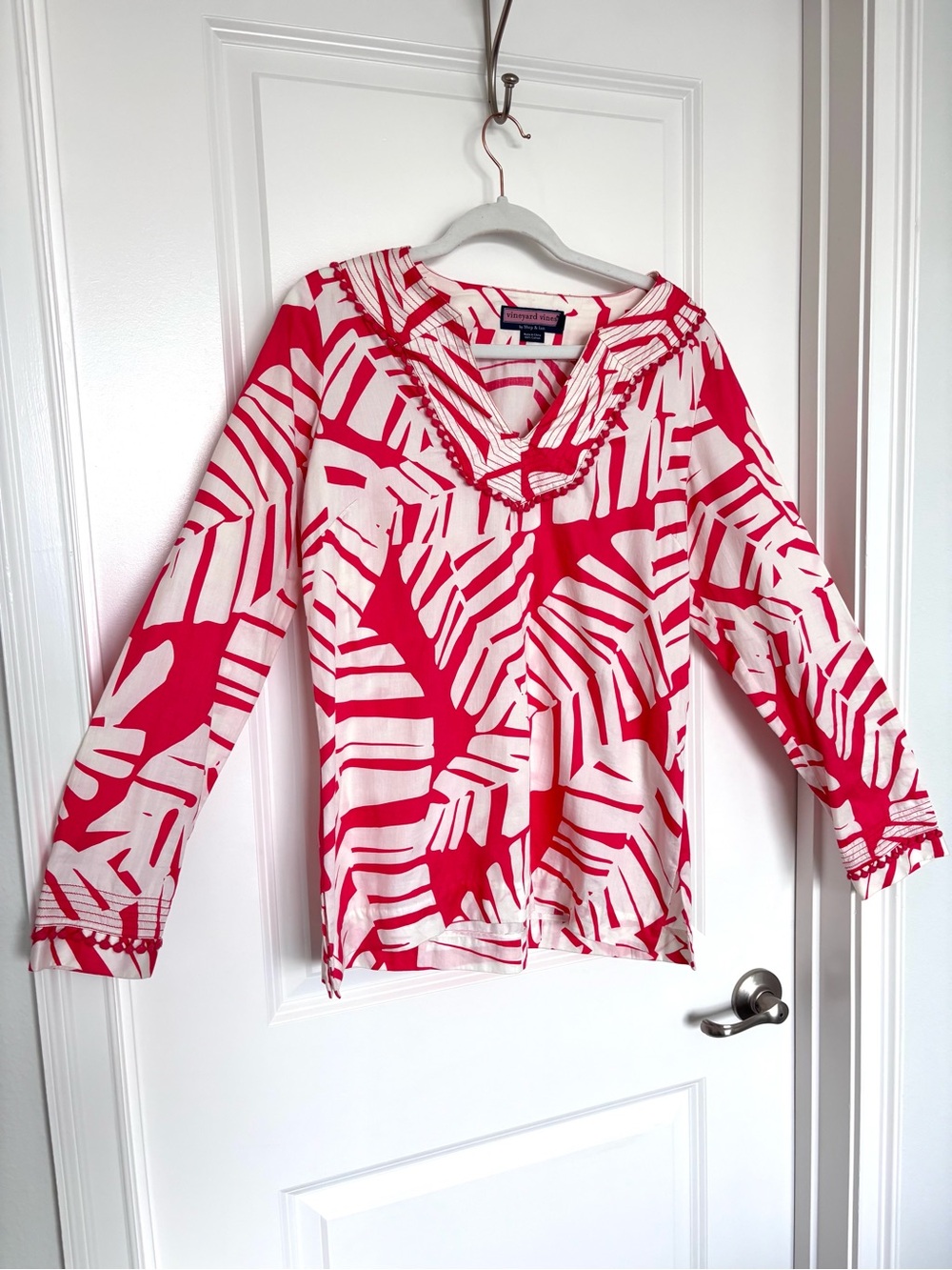 Vineyard Vines 100% Cotton Red Palm Print Longsleeve Tunic Top Coastal Preppy